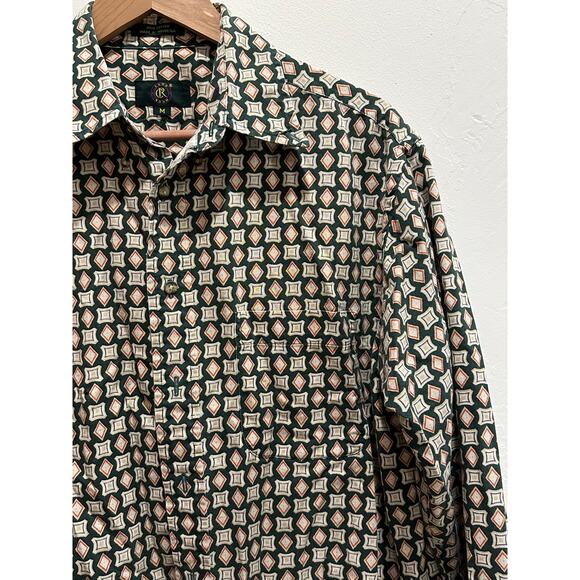 Club room button down geometric print 100% cotton men’s shirt green tan size M - Picture 5 of 6